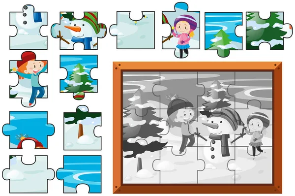 Puzzle game con bambini e pupazzo di neve — Vettoriale Stock