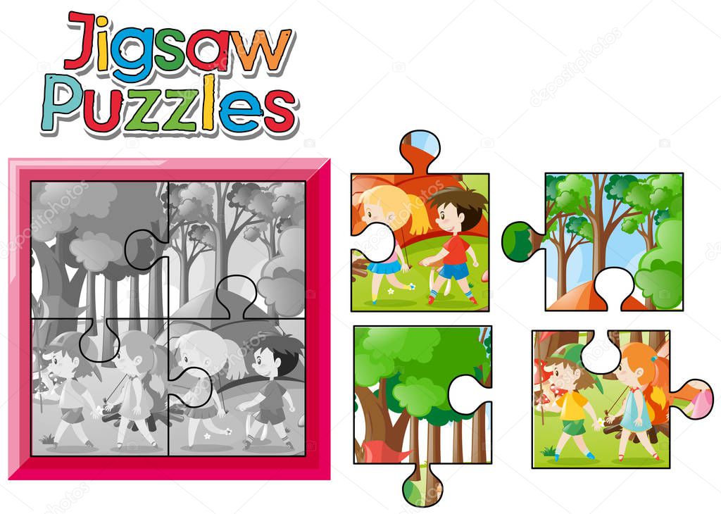 Jigsaw puzzle game with kids camping out