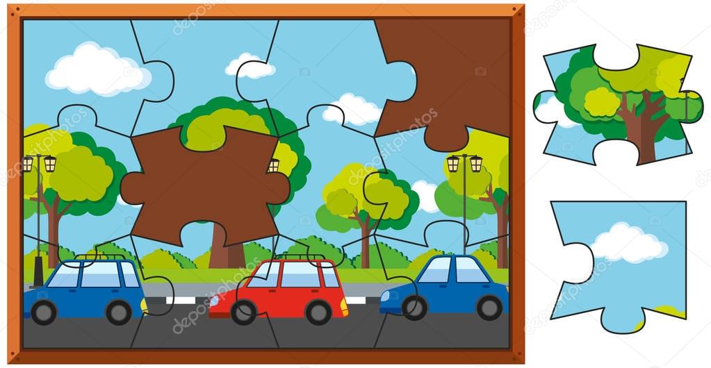 Jigsaw puzzle game with cars on road