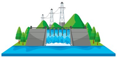 Scene with dam and electric towers in 3D design clipart