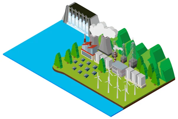 Staudamm und elektronische Maschinen am Fluss — Stockvektor