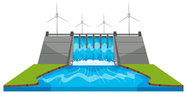 Moulins à vent et barrage avec ruisseaux — Image vectorielle