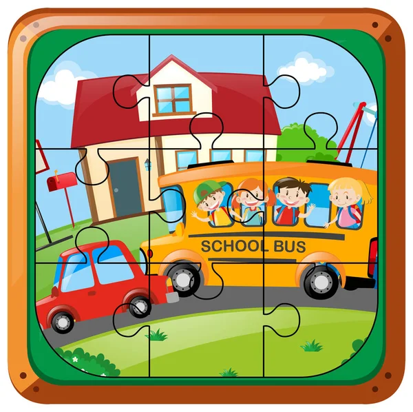 Jeu de puzzle avec des enfants sur le bus — Image vectorielle