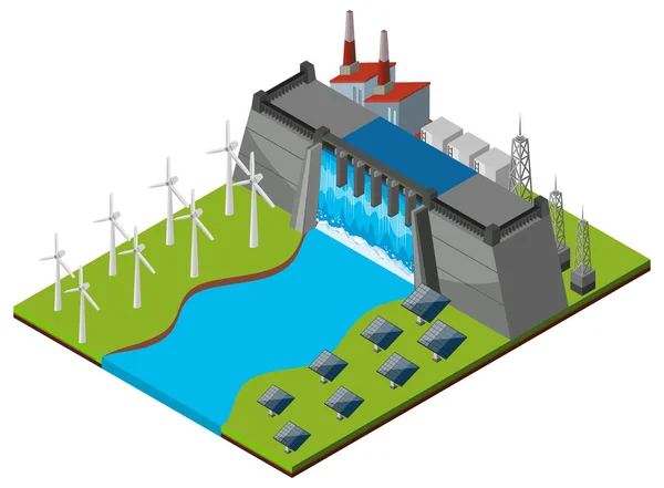 Dam met turbines en zonnecellen — Stockvector