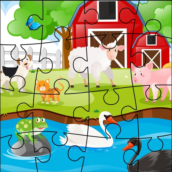 Jigsaw morceaux d'animaux à la ferme — Image vectorielle