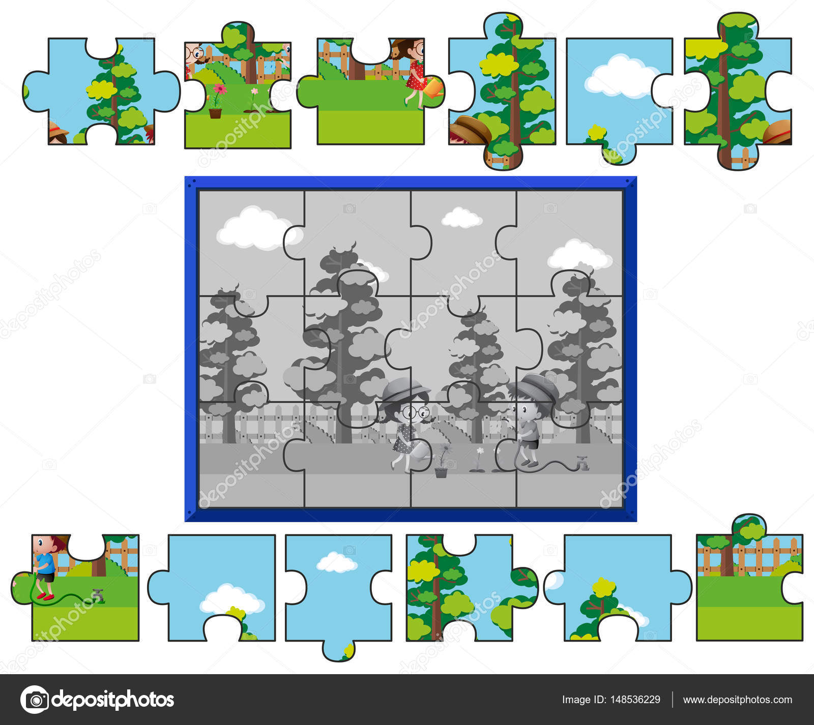 Jogo de quebra-cabeça com crianças regando plantas imagem vetorial de  brgfx© 148536229