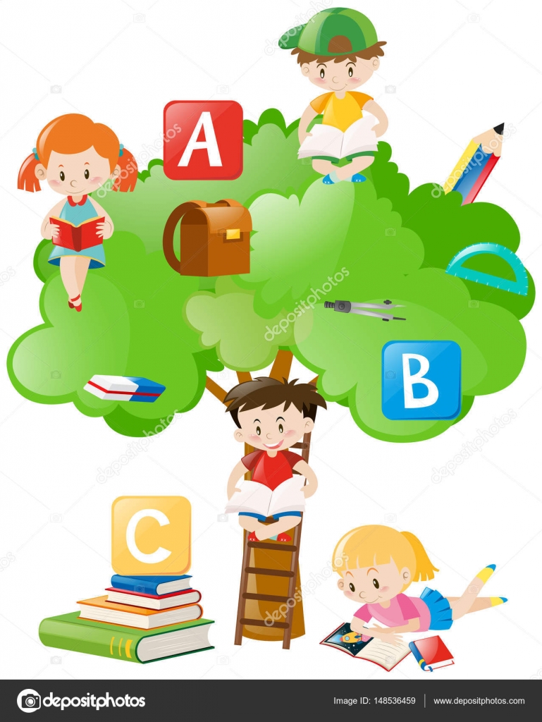 나무 아래에서 책을 읽는 아이 들 스톡 벡터 - ©brgfx 148536459, image size:1277x1700