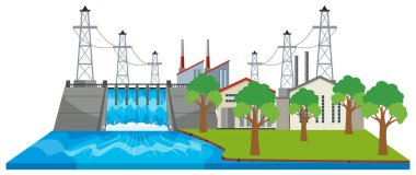 Nehrin yanında Barajı ve elektrik binalar