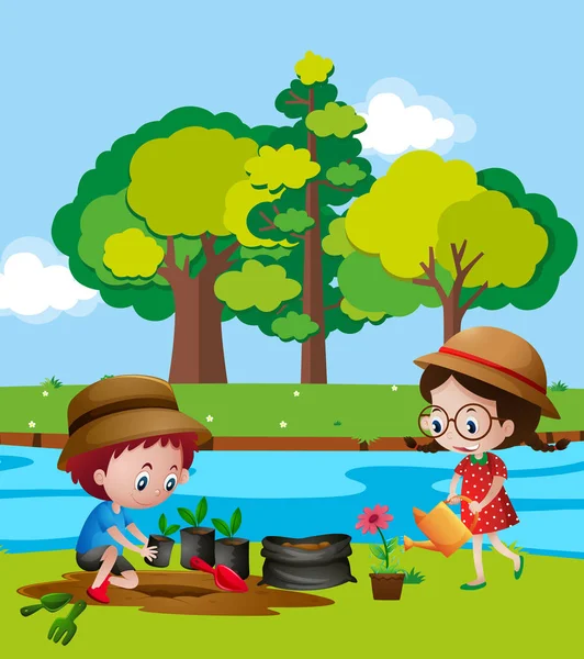 Мальчик и девочка сажают деревья у реки — стоковый вектор