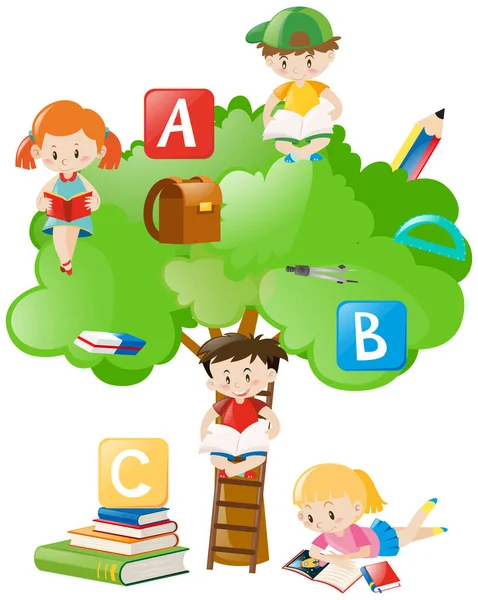 Children reading books under the tree — Stock Vector