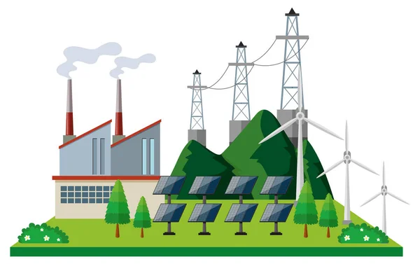 Kraftwerk mit Solarzelle und Turbinen — Stockvektor