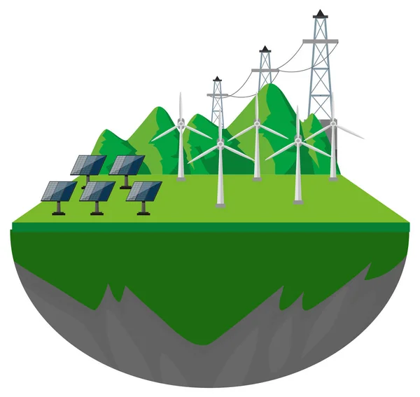 Windmolens en zonnecellen op de grond — Stockvector