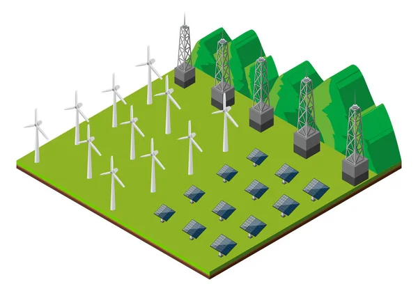 Wind turbines and solar cells in the field — Stock Vector