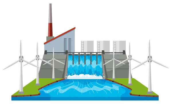 Turbines van de Dam en de wind door de rivier — Stockvector