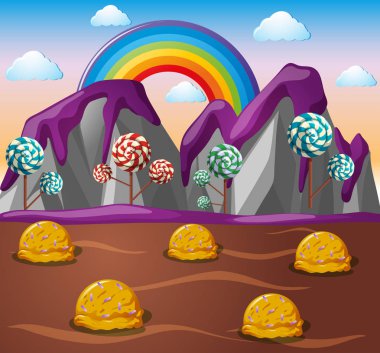 Candy land with chocolate river and lolipop trees clipart