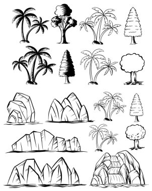 Ağaçları ve kayaları doğa kümesiyle doodles
