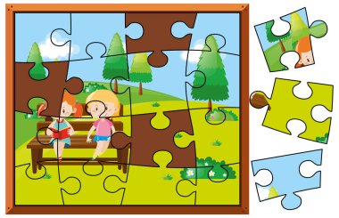 Jigsaw puzzle parçaları parkta okuma çocuklar için