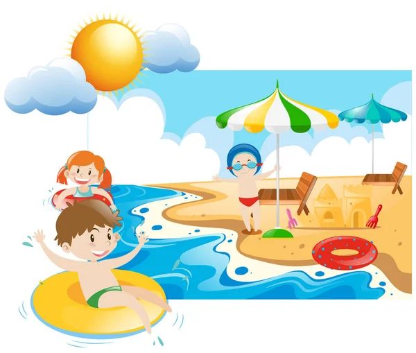 Tři děti, plavání a hraju na moři — Stockový vektor