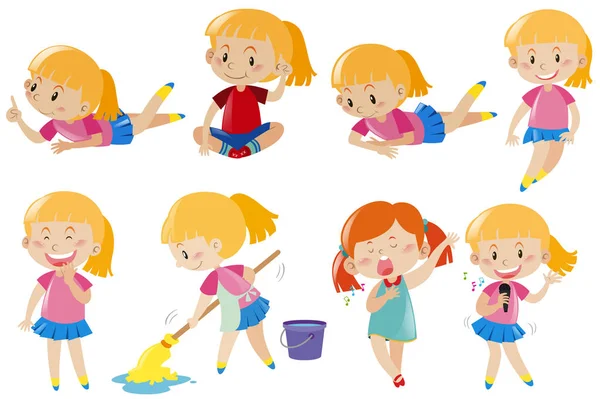 Chica feliz haciendo diferentes actividades — Vector de stock