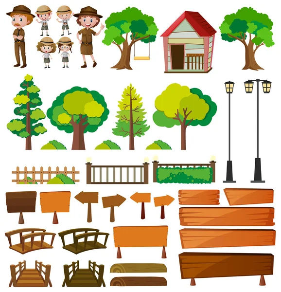 Парковые рейнджеры и продукты для деревьев — стоковый вектор