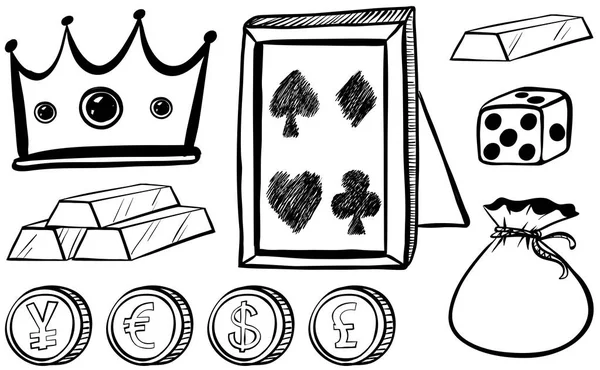 Doodles instellen met kroon en munten — Stockvector