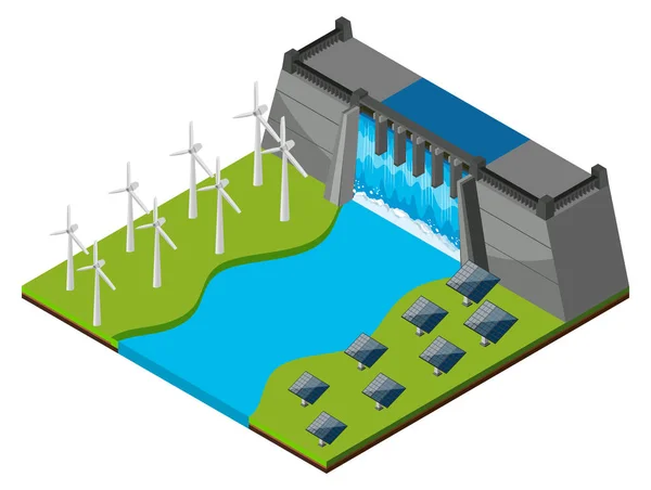 Dam met sluis en wind turbines — Stockvector