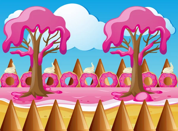 Candy land with strawberry cream trees — Stock Vector