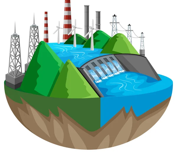 Scène met dam en rivier — Stockvector