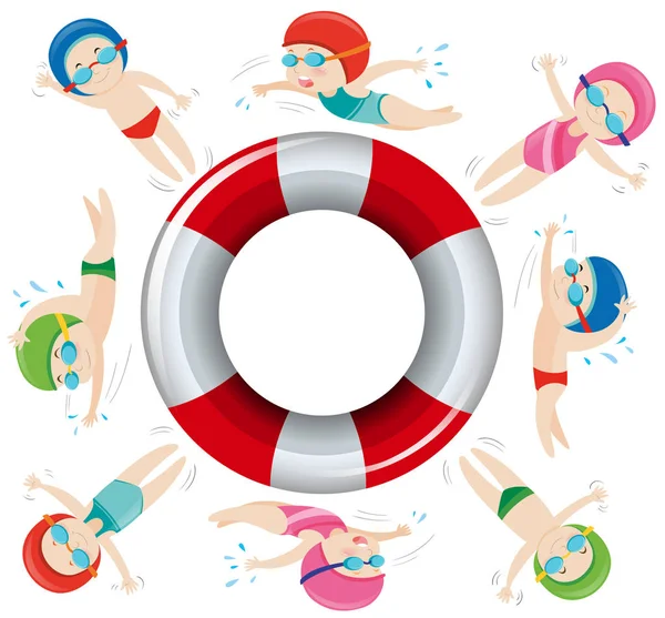 Děti v plavání oblek kolem bezpečnostní plovák — Stockový vektor