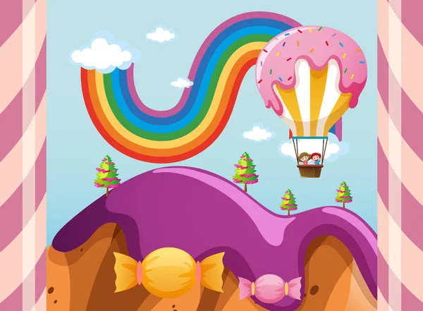Σκηνή με candy μπαλόνι πάνω από τα πορφυρά βουνά — Διανυσματικό Αρχείο