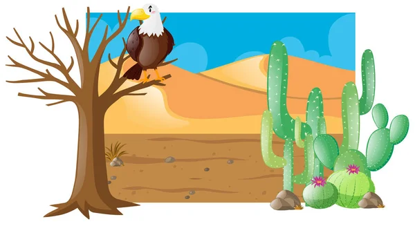 Escena del desierto con águila en el árbol — Vector de stock