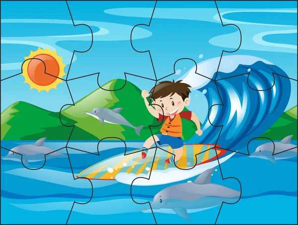 サーフボード上の男の子のためのジグソー パズルのピース — ストックベクタ