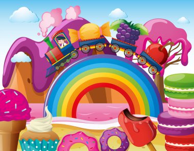 Sahne tatlılar arazi ve tren Ride