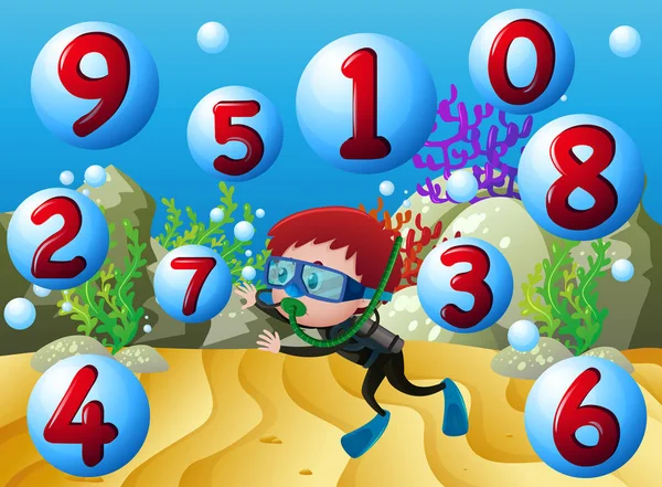 Comptage des nombres avec garçon plongeant sous l'eau — Image vectorielle