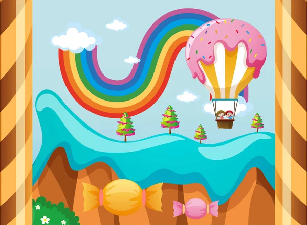 Fantacy κόσμο με καραμέλα μπαλόνι πάνω από το ουράνιο τόξο — Διανυσματικό Αρχείο