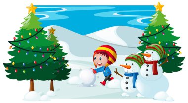 Çocuk ve kardan adam ile kış manzara