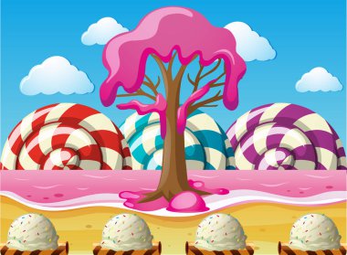 Fantacy scene with lollipops and pink ocean clipart