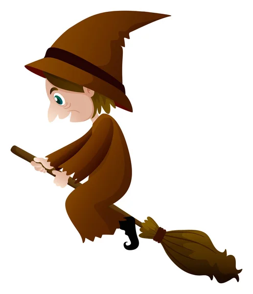 Vieille sorcière en vêtements marron sur balai — Image vectorielle