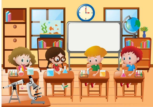 Students doing experiment in science class — Stock Vector