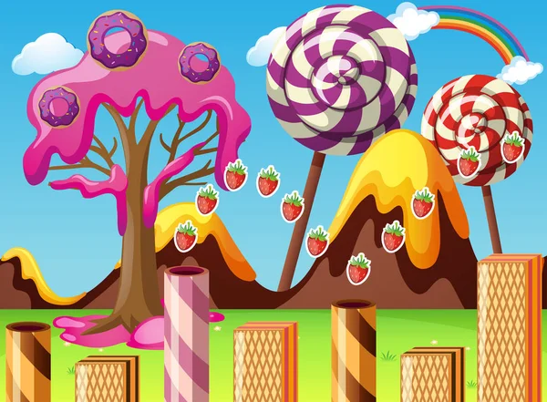 Fantacy land met lollipop en donuts — Stockvector