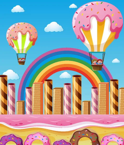 Scena con bambini che volano in palloncini di caramelle — Vettoriale Stock
