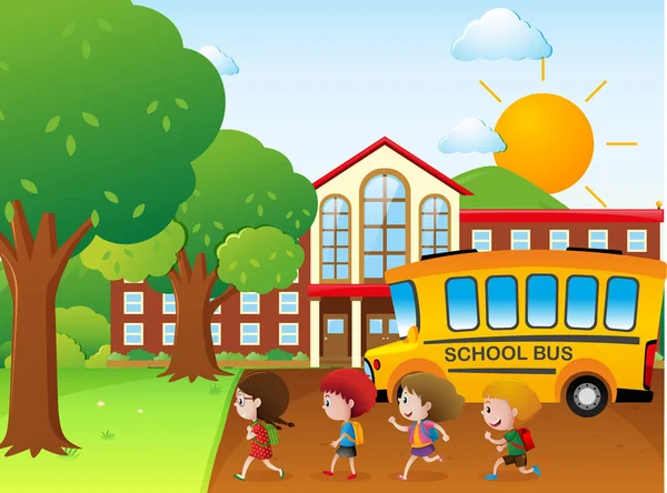 Дети едут в школу на школьном автобусе — стоковый вектор