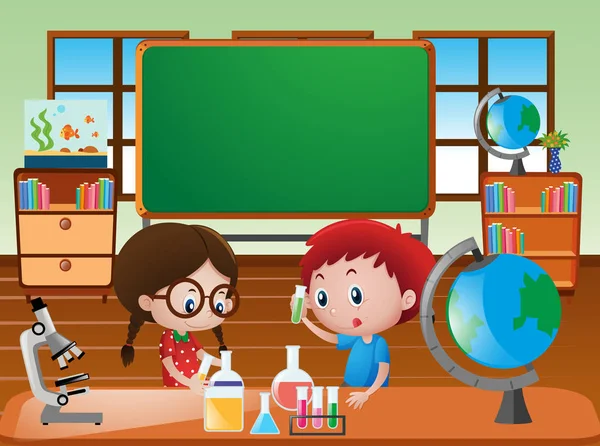 Scena in classe con bambini che fanno esperimenti scientifici — Vettoriale Stock