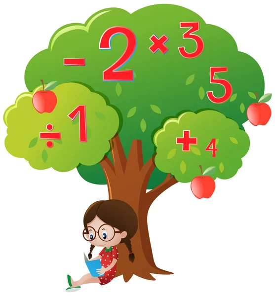 Mädchen studiert Mathe unter dem Baum — Stockvektor