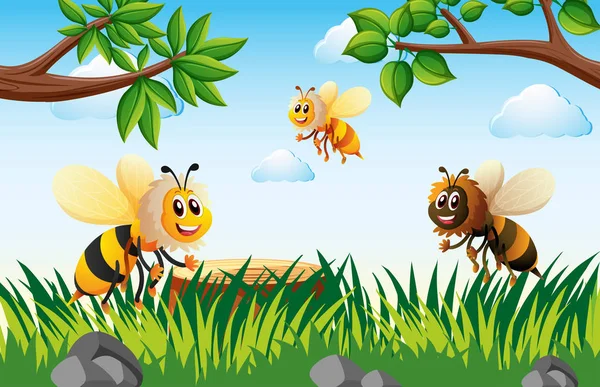 Včely v zahradě létající ve dne — Stockový vektor