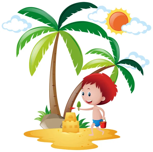 Escena de verano con niño jugando sandcastle — Vector de stock