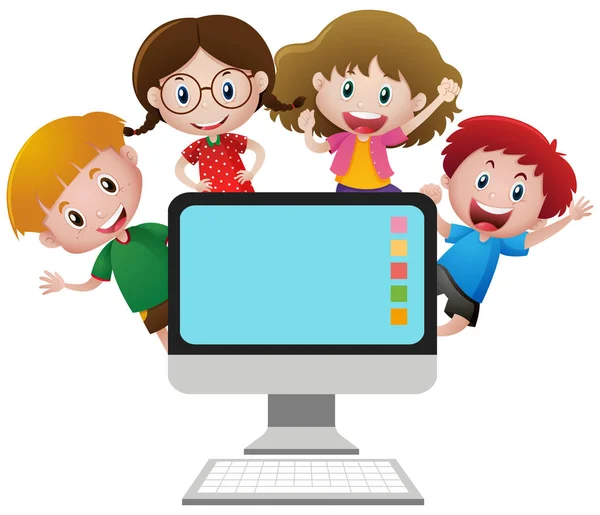 Quatro crianças felizes atrás da tela do computador —  Vetores de Stock