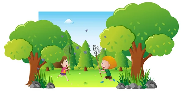 Park-Szene mit zwei Kindern, die Schmetterling fangen — Stockvektor
