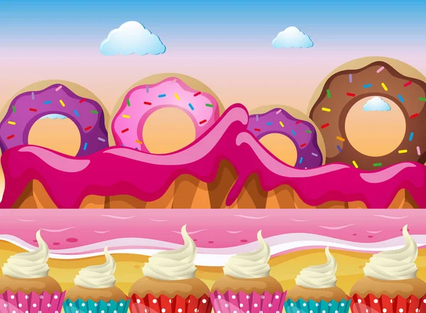 Terra dos doces com donuts e oceano rosa — Vetor de Stock