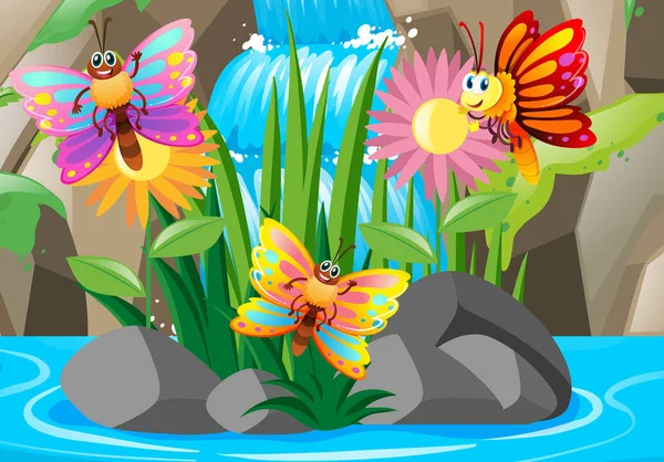 三个五颜六色的蝴蝶在瀑布 — 图库矢量图片